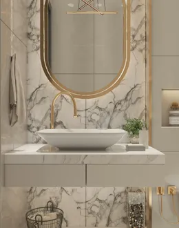 a bathroom with a large mirror — detail 1