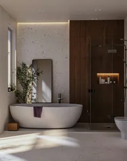 a bathroom with a large mirror — detail 2