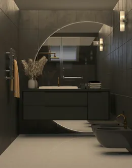 a large black bath tub sitting in a bathroom next to a window — detail 1
