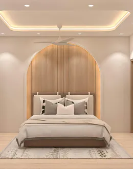 A modern bedroom with a white upholstered bed, gold chandelier, and city view — detail 1