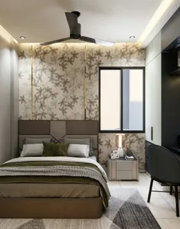 A modern bedroom with a white upholstered bed, gold chandelier, and city view — detail 2