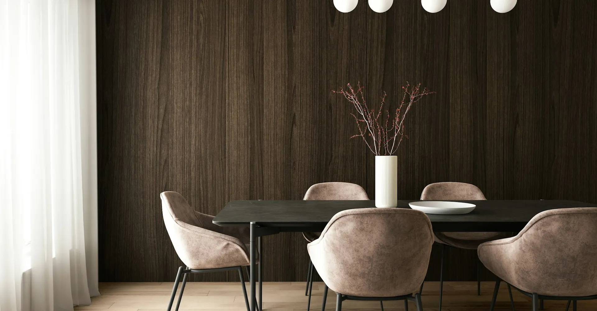 a room with a table chairs and a plant with lights
