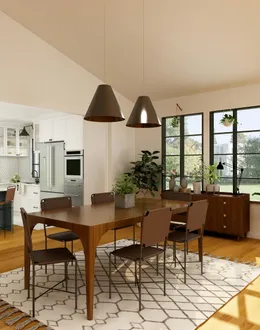 a room with a table chairs and a plant with lights — detail 1