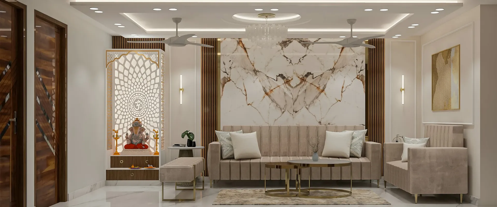 Detail interior dengan pencahayaan hangat