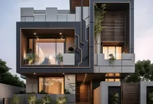 A two story house with a lot of windows and balconies