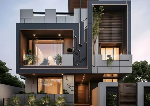 A two story house with a lot of windows and balconies