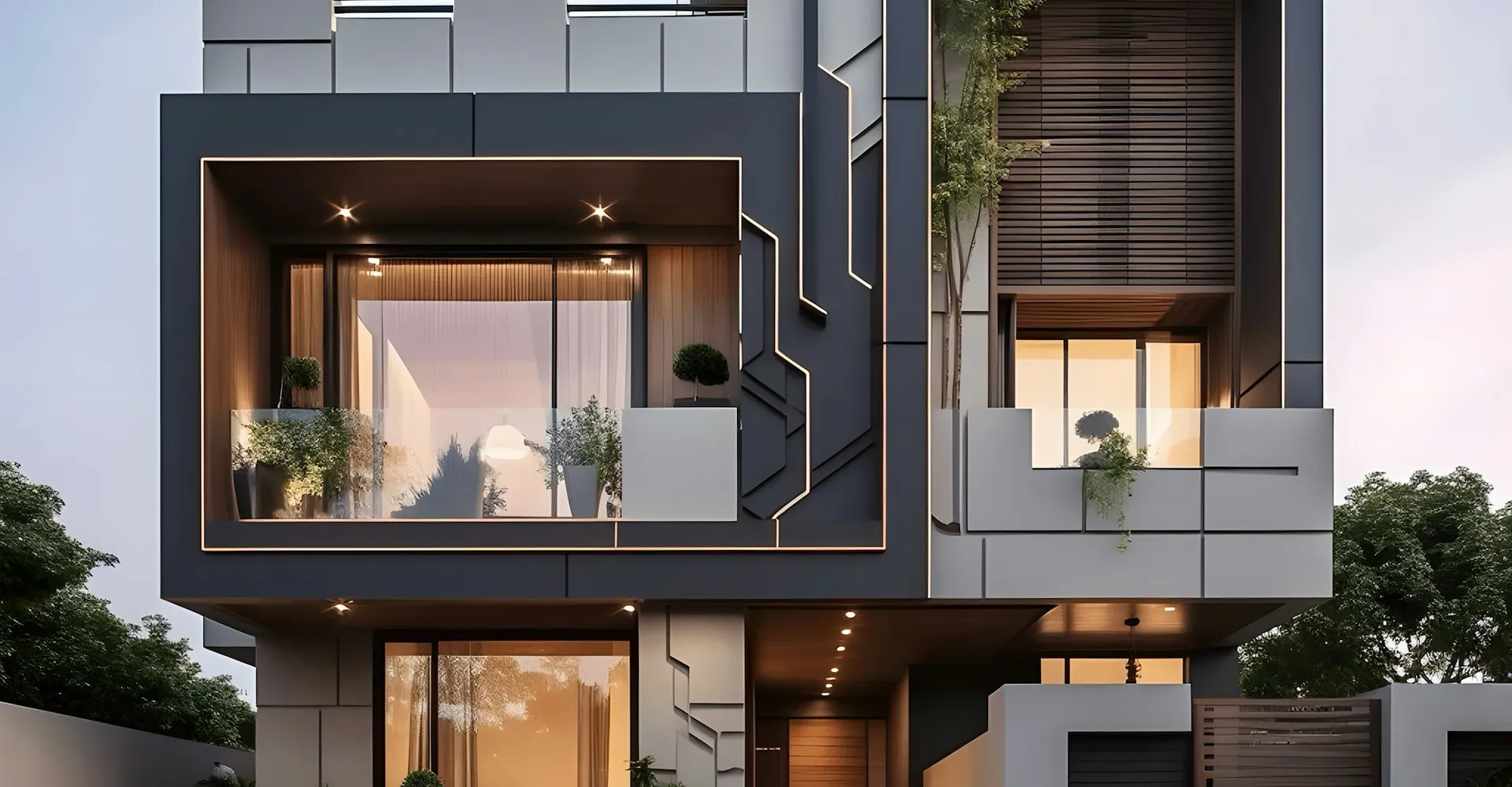 A two story house with a lot of windows and balconies