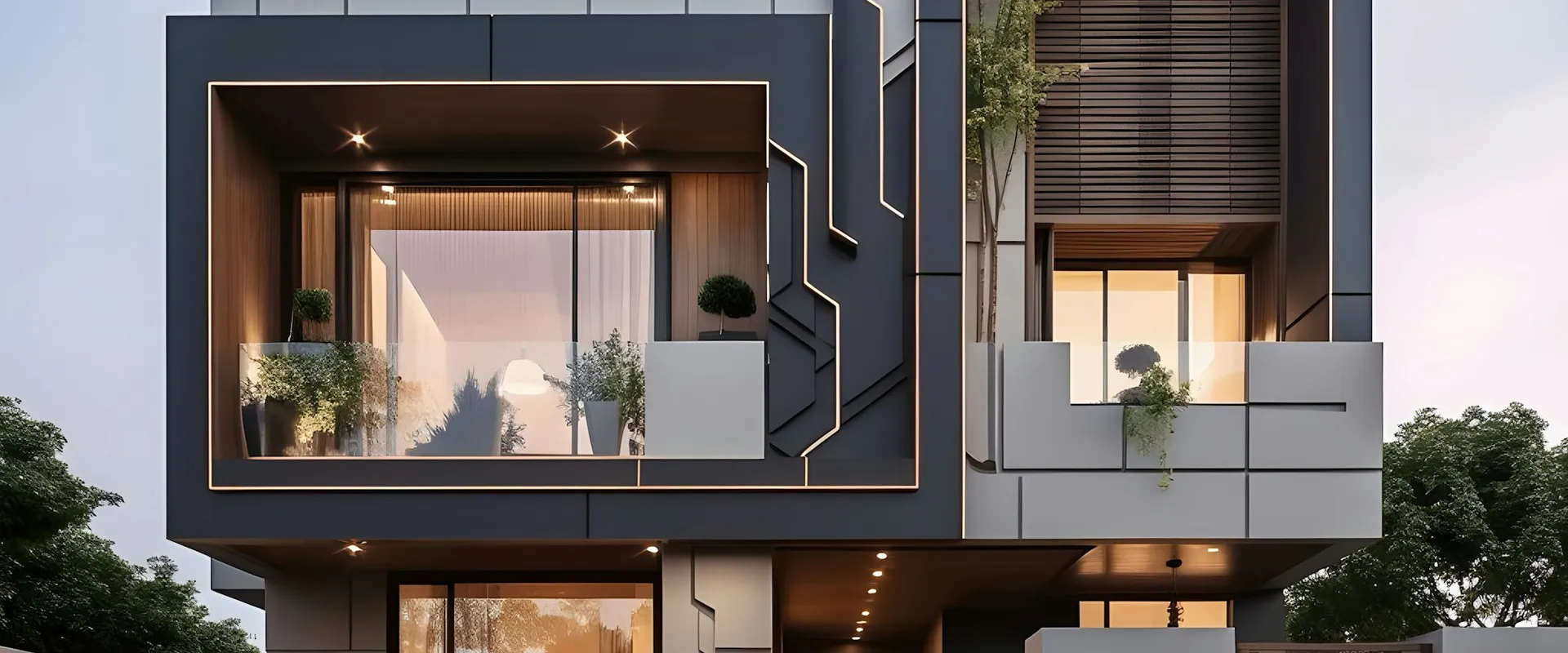 A two story house with a lot of windows and balconies