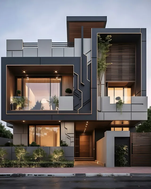 A two story house with a lot of windows and balconies