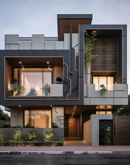 A two story house with a lot of windows and balconies