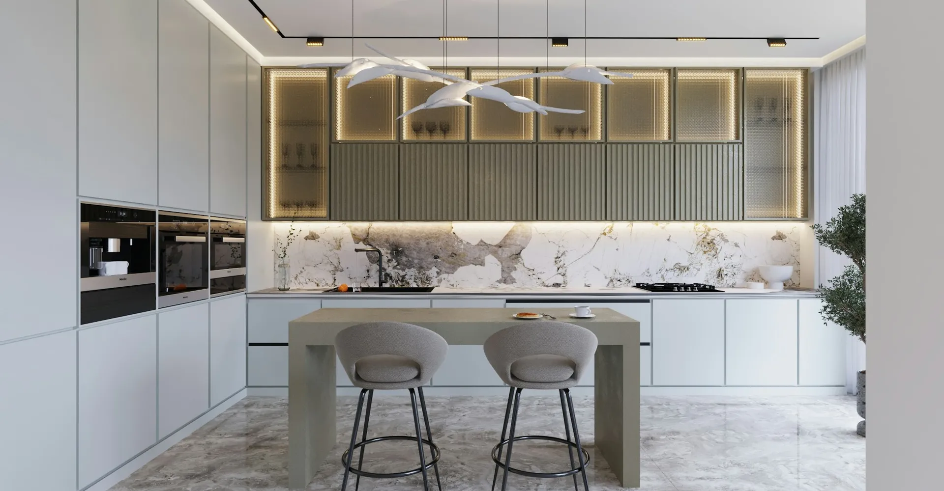 a modern kitchen with marble counter tops and stools