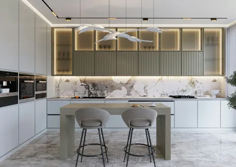a modern kitchen with marble counter tops and stools