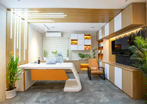 a room with a desk and a chair