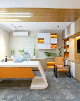 a room with a desk and a chair